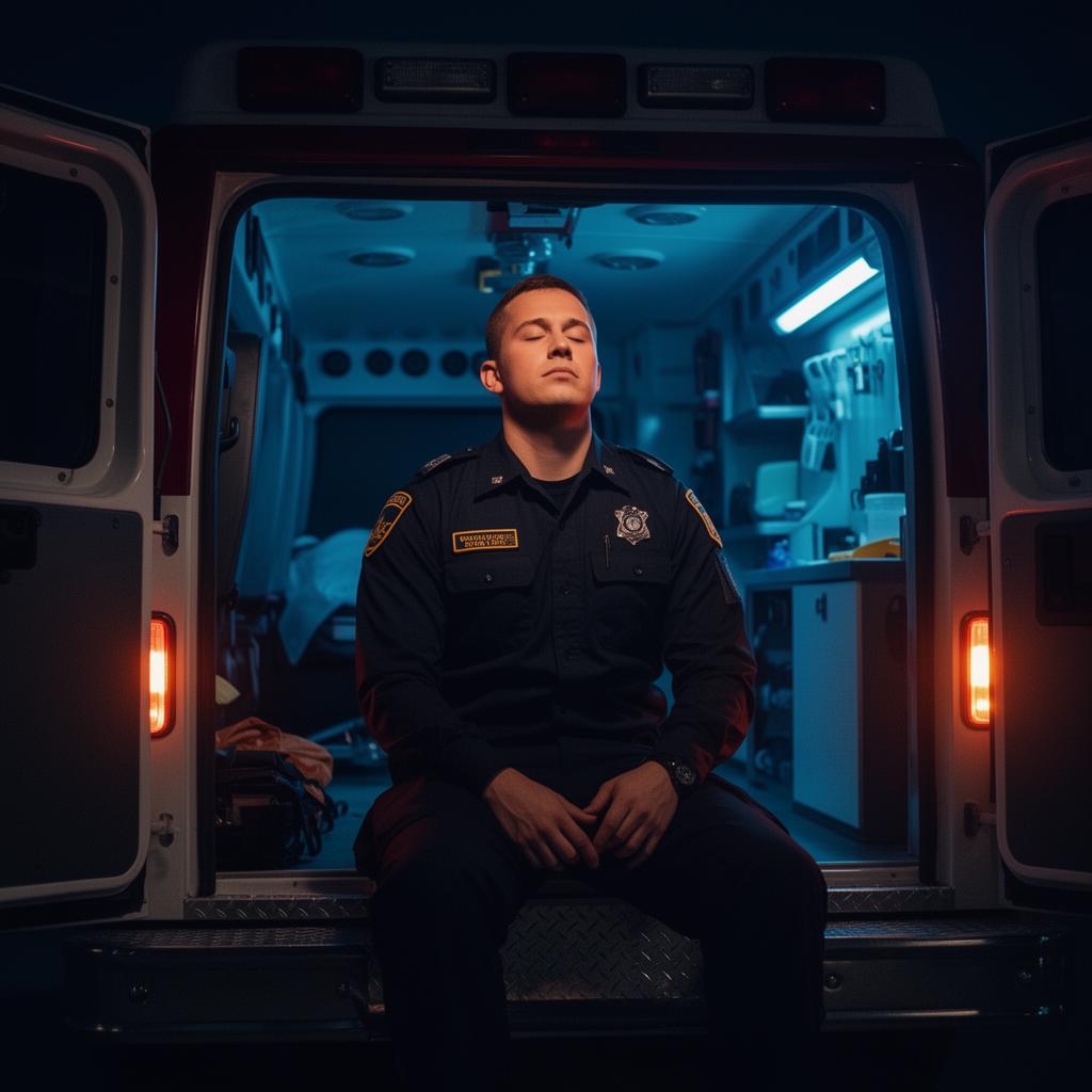 EMS professional seated in an ambulance practicing a recovery pause